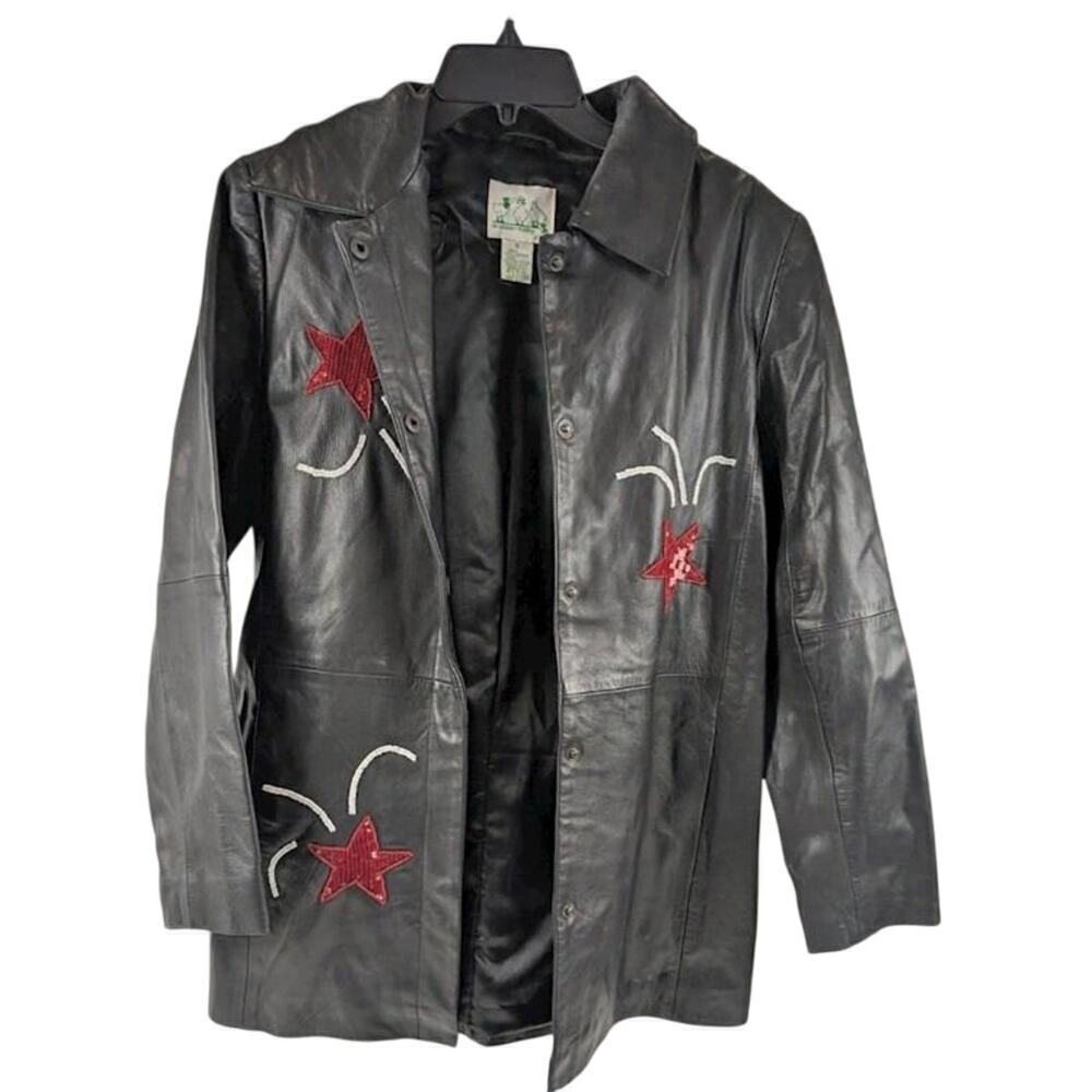 Quacker Factory Vintage USA Flag Leather Jacket with Sequin Fireworks Sz S
